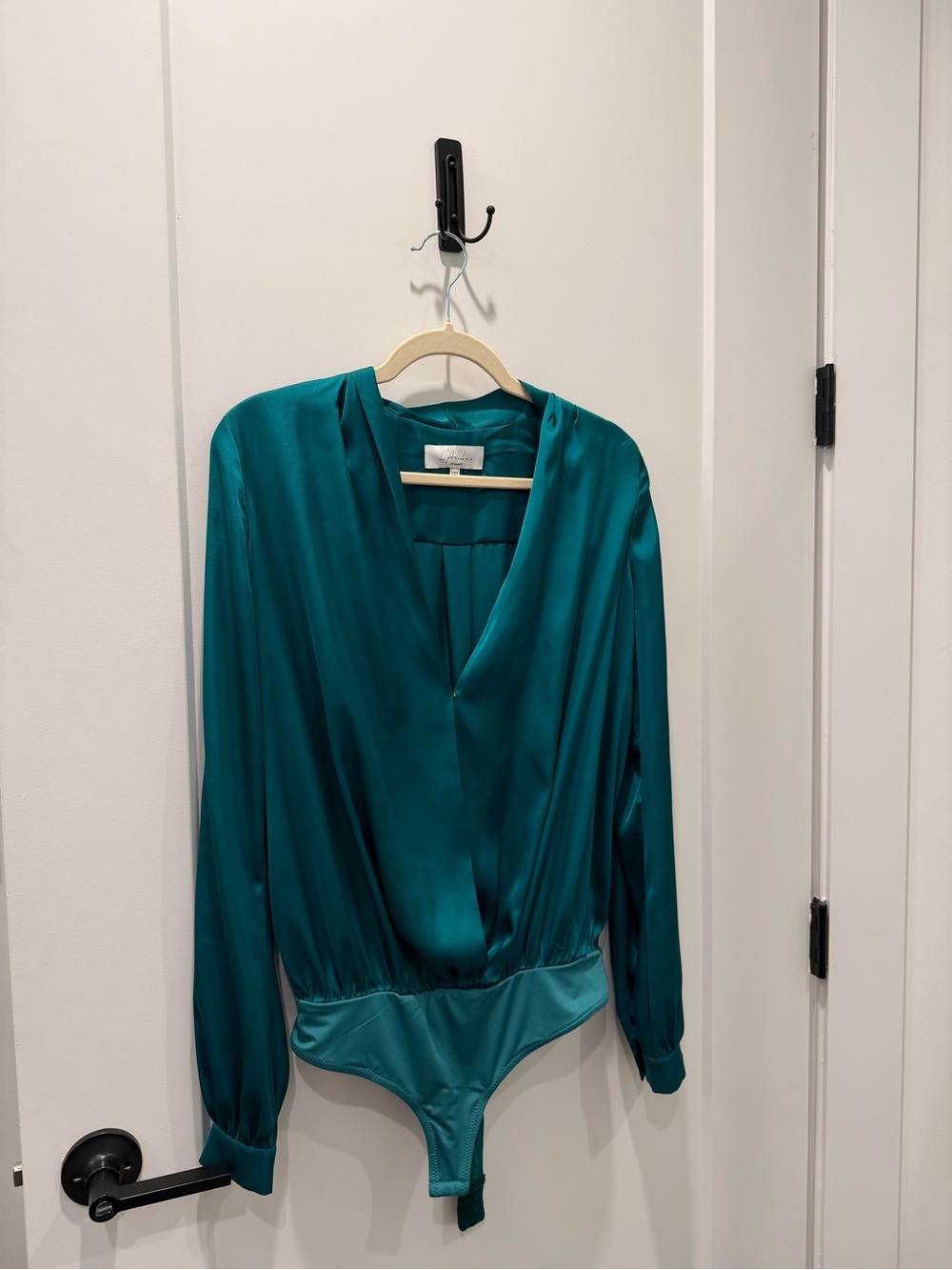 L'Academie Teal Satin Long-Sleeve Bodysuit